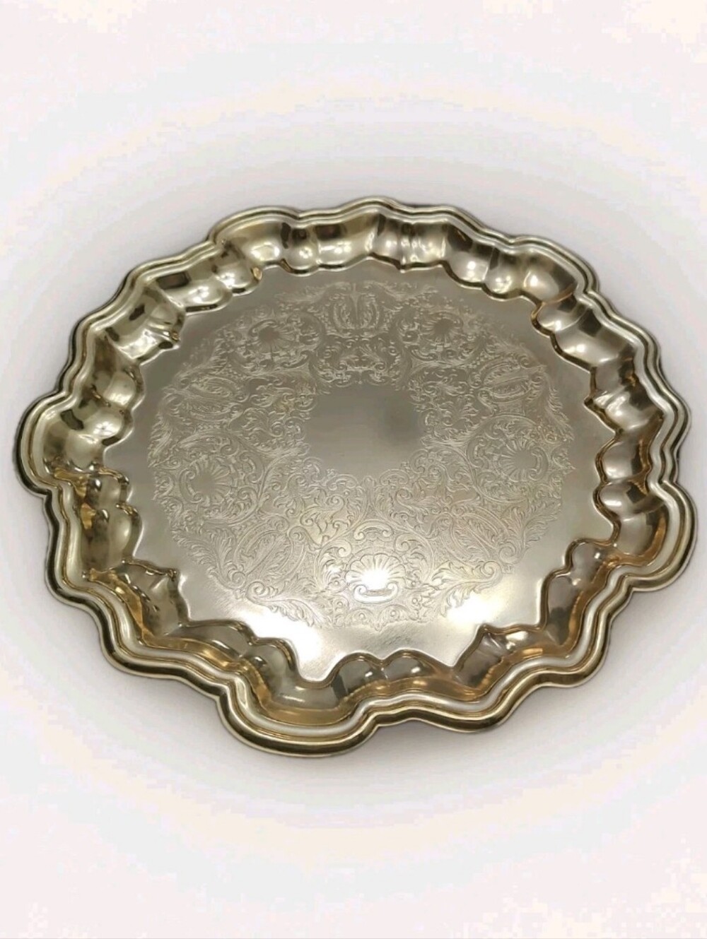 Vtg Brass Or GP? Scalloped Serving Tray 11.5" Fancy Floral Pattern Chippendale